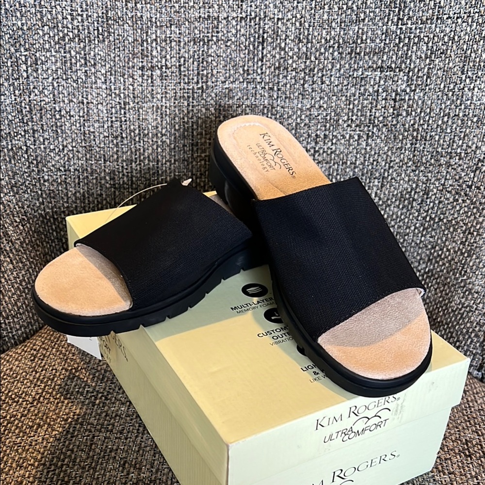 Kim Rogers Black and Tan Mules with Open Toe Design